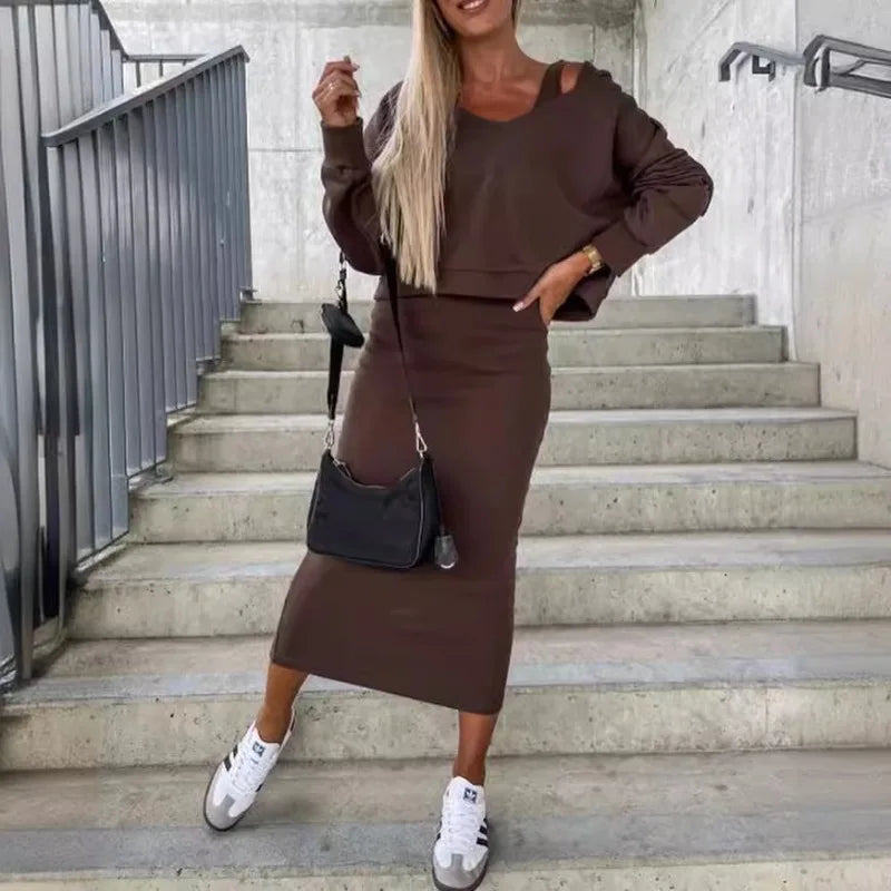 "NOPE NOT TODAY"/Colorblock Plaid/Solid Color Off-the-Shoulder Long Batwing Sleeve Sweatshirt + Skinny Knitted Maxi Skirt 2-Piece Set