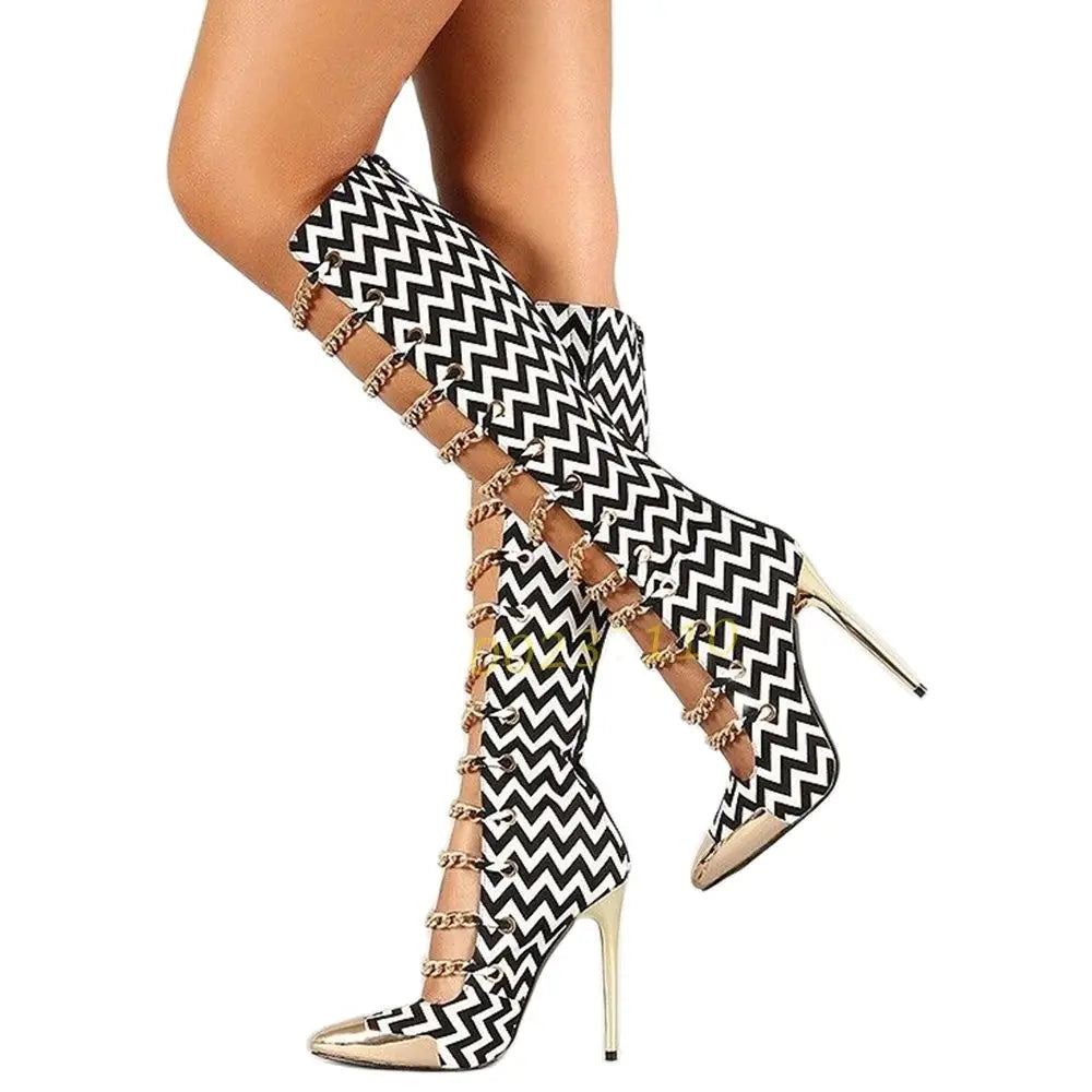 Zebra Striped Chain Women's Gladiator Metal Toe Iron Spliced Stiletto Heel Boots