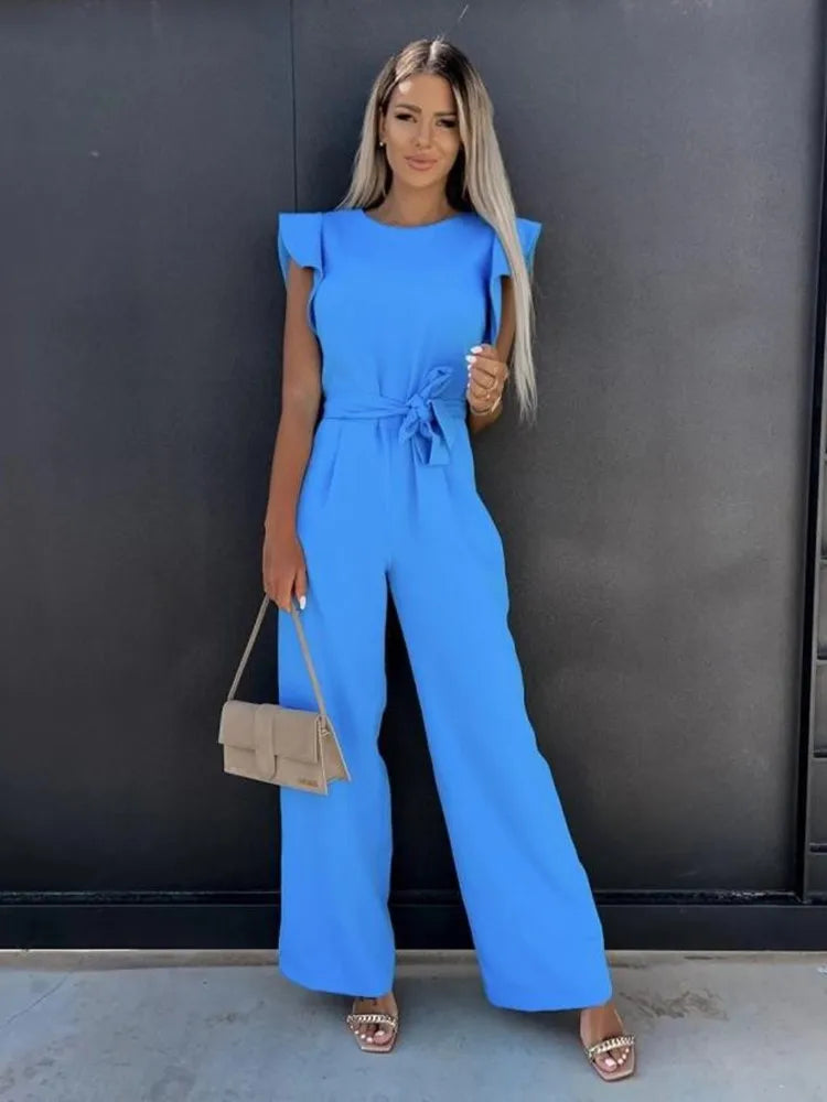 Butterfly Sleeve Solid Wide Leg Vintage Elastic Waist Jumpsuit