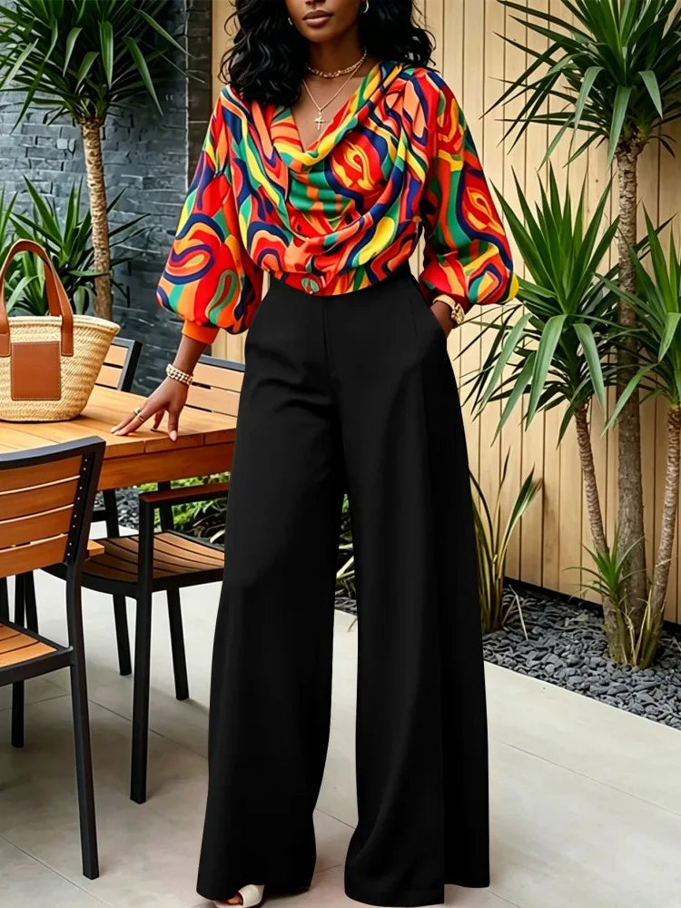 Geometric Print Women's Long Sleeve Top + Solid Color Pants Set to 5X Plus Size