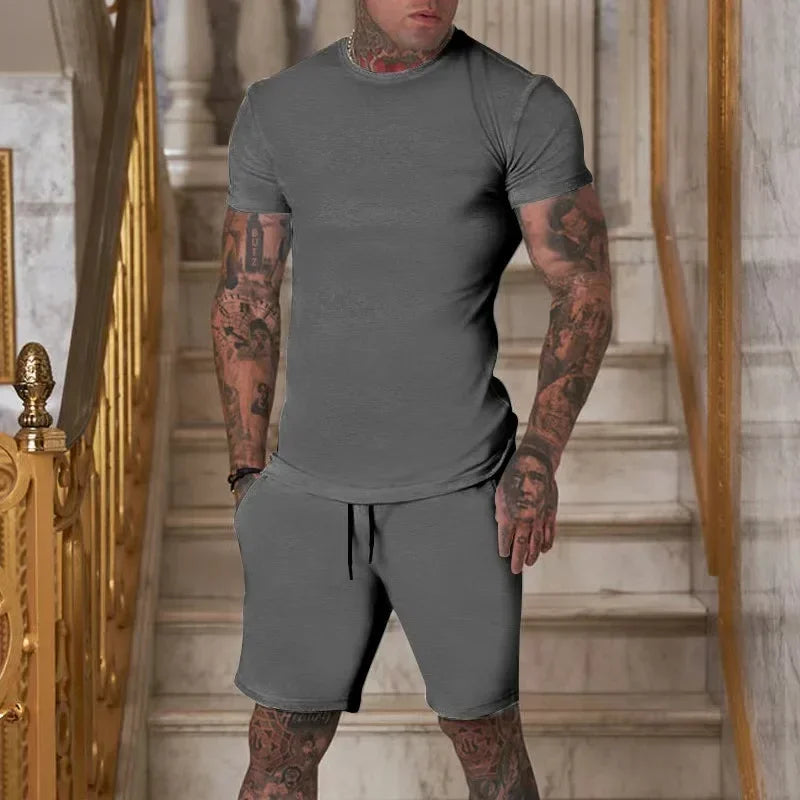 Men's Breathable Sportswear Short Sleeve T-Shirt + Drawstring Basketball Shorts 2-Piece Fitness Set to 4X Big & Tall