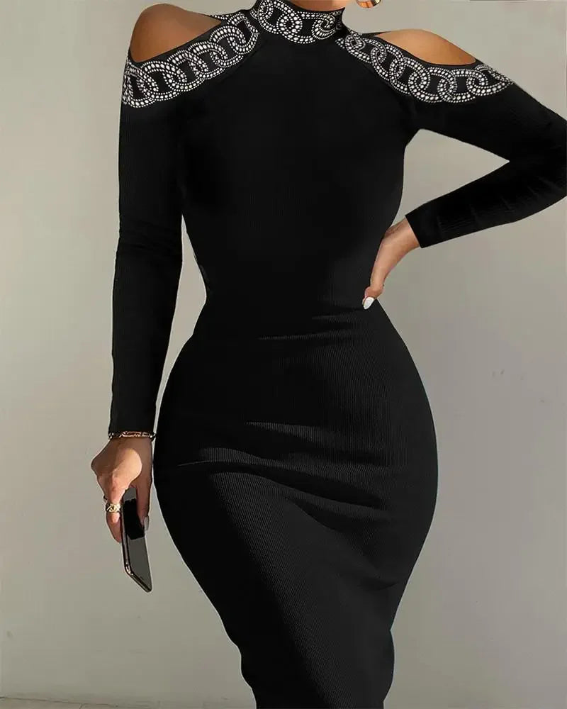 Rhinestone Contrast Mesh Long Sleeve Glitter Bodycon Mock Neck Sheath Maxi Dress