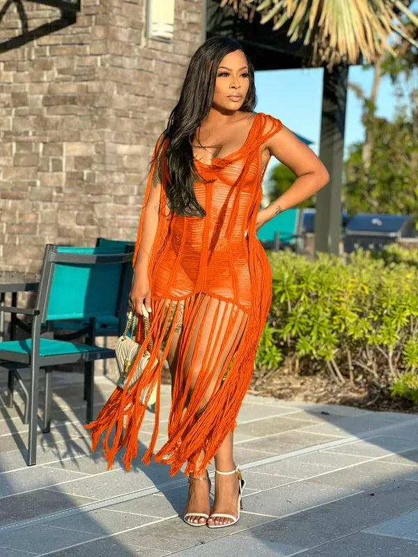 Crochet Knitted Ribbed Hollow-Out Tassel Fringe Hem Sleeveless Beach Maxi Swimsuit Cover-Up Dress