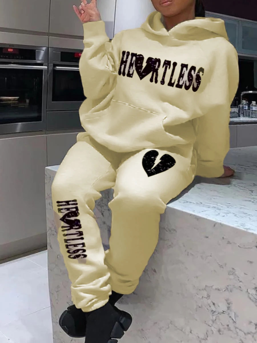 "Heartless" Heart Print Kangaroo Pocket Long Sleeve Hoodie + Sweatpants Ladies Tracksuit