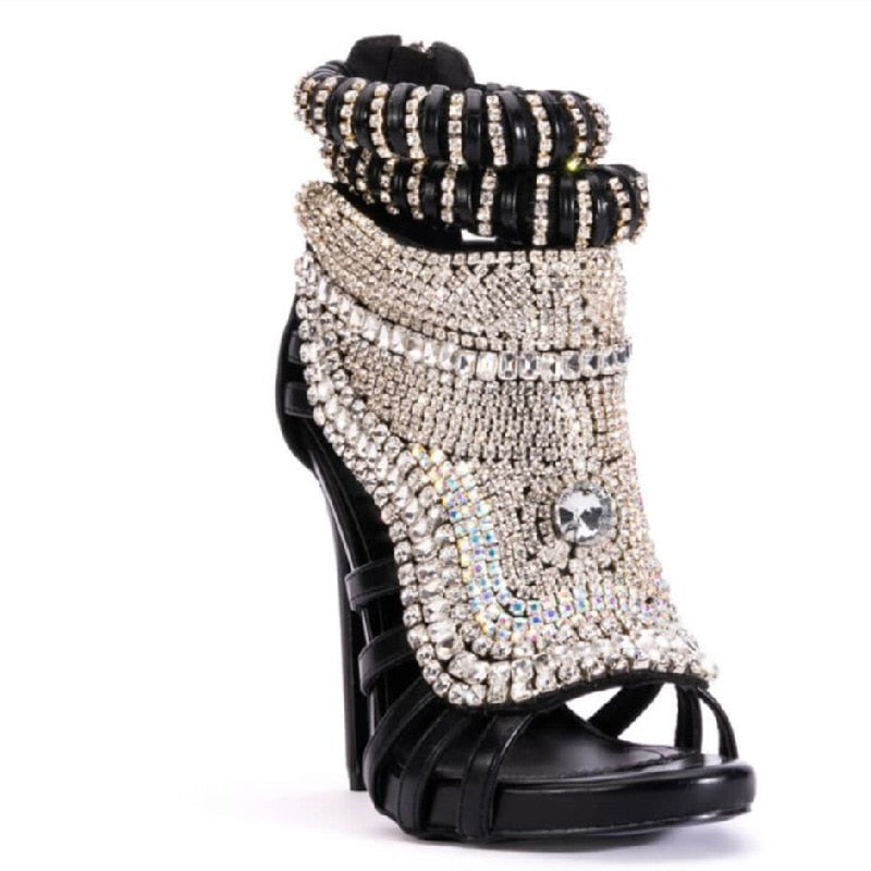 Glitter Crystal Stiletto Rhinestone Peep Hollow Sandal Ankle Boots