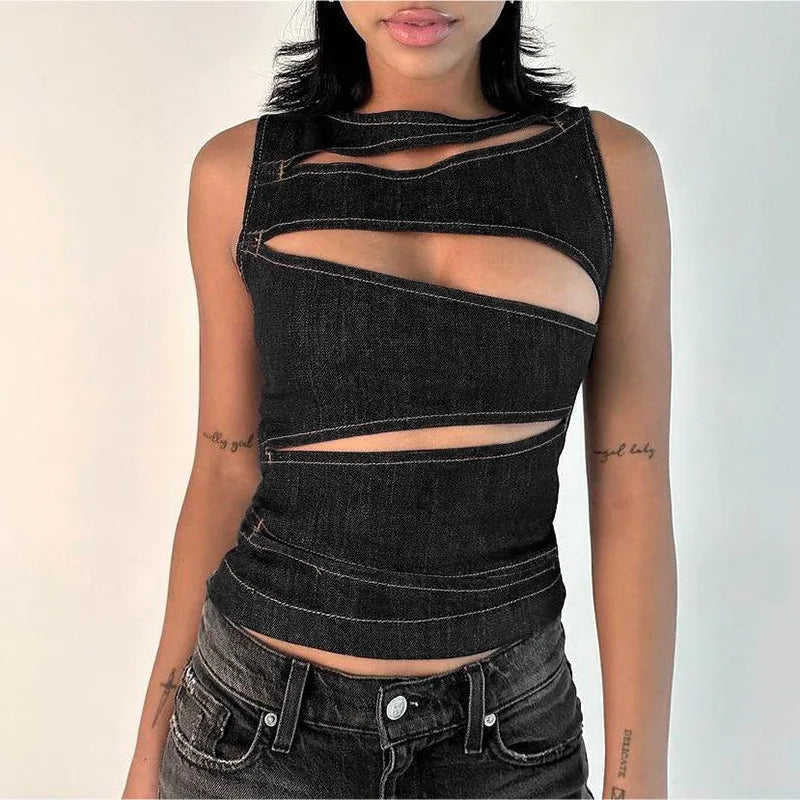 Denim Women's Solid Color Sleeveless O-Neck Hollow-Out Streetwear Zipper Back Jean Vest