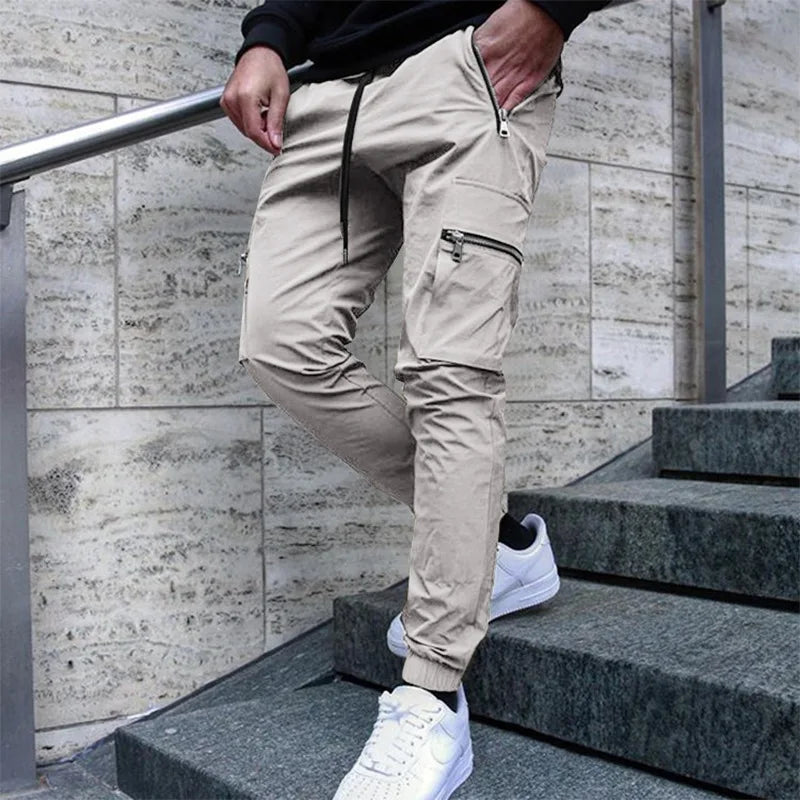 Men's Zipper Pocket Design Drawstring Solid Cargo Pants