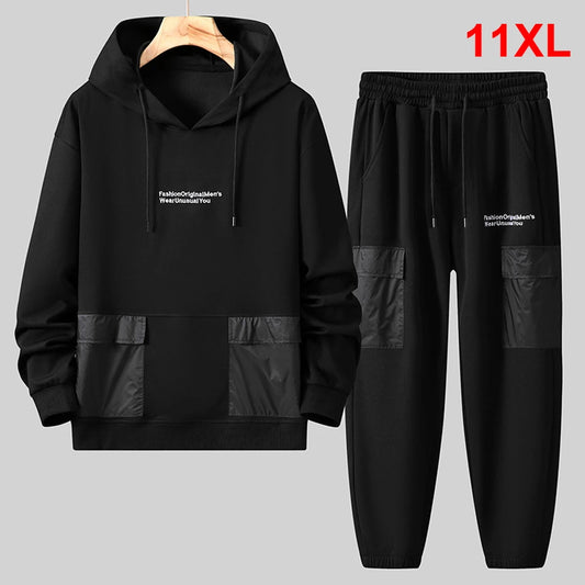 Men's Black Patchwork Pocketed Hoodie Sweatshirt + Matching Jogger Sweatpants Tracksuit