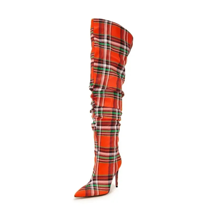 Plaid Pleated Red/Green Checker Block Print Fabric Knee-High Women's Sleeve Boots