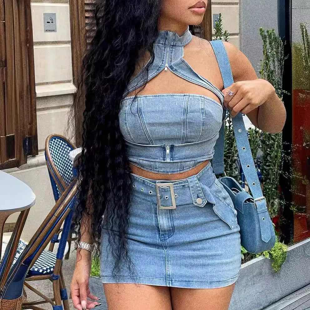 Denim Light Blue Washed Sleeveless Hollow-Out Zipper Neck Crop Cami Top + Belted Mini Jean Skirt Women's 2-Piece Set