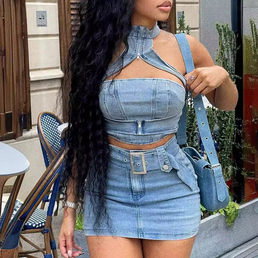 Denim Light Blue Washed Sleeveless Hollow-Out Zipper Neck Crop Cami Top + Belted Mini Jean Skirt Women's 2-Piece Set