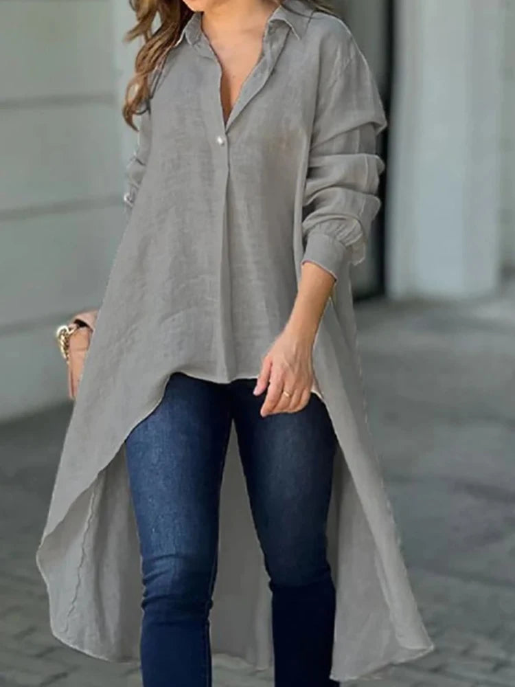 Long Sleeve Solid Turn-Down Collar  Patchwork Button-Up Maxi Blouse