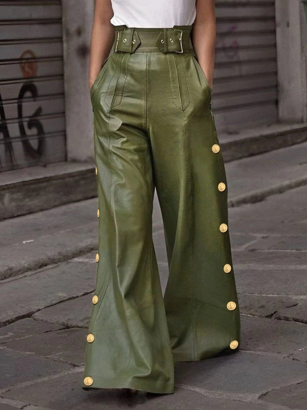 Faux Leather Button Leg Design Loose Pleated Streetwear High Waist Wide Leg Women's Trouser Pants