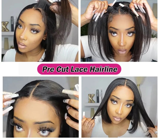 Glueless 100% Human Hair Ready To Wear Straight Short Bob Pre-Cut Lacefront 4x4 Closure Wig