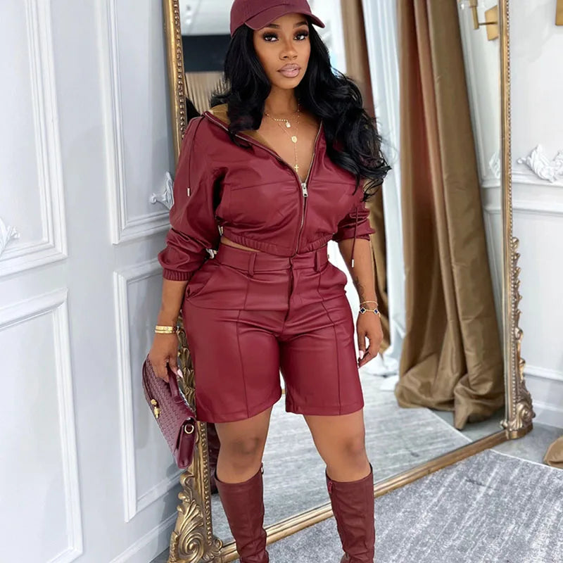 PU Leather Solid Color Long Sleeve Zipper Cropped Hoodie Jacket + Matching Shorts 2-Piece Set