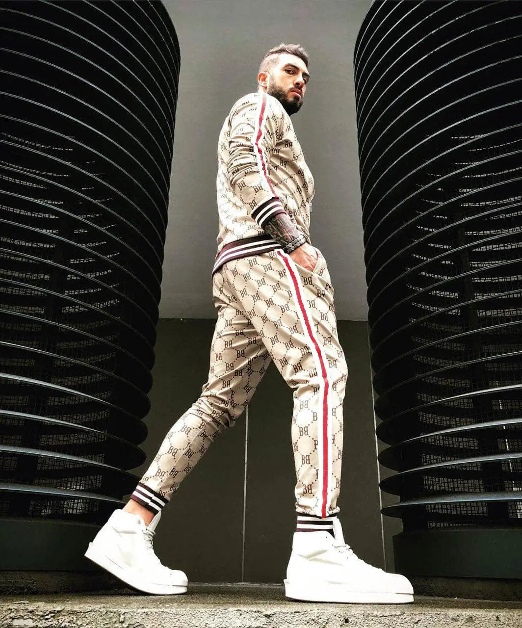 Velvet Monogram Side Striped Print O-Neck Sweat Jacket + Sweatpants Tracksuit