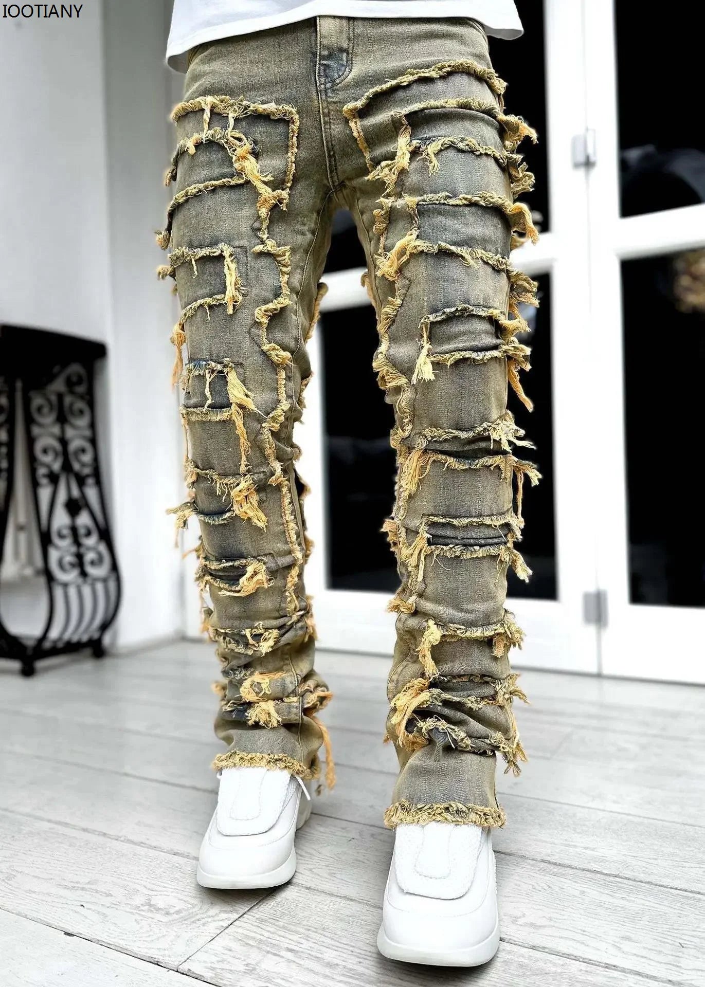 Men's Denim Fringe Ripped Hip-Hop Stretch Stacked Elastic Waist Straight Patchwork Jeans