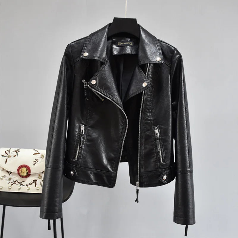 PU Faux Soft Leather Motorcycle Zipper Jacket