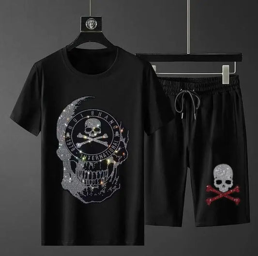 Rhinestone Skeleton w/ Crossbones Short Sleeve T-Shirt + Matching Drawstring Shorts Set