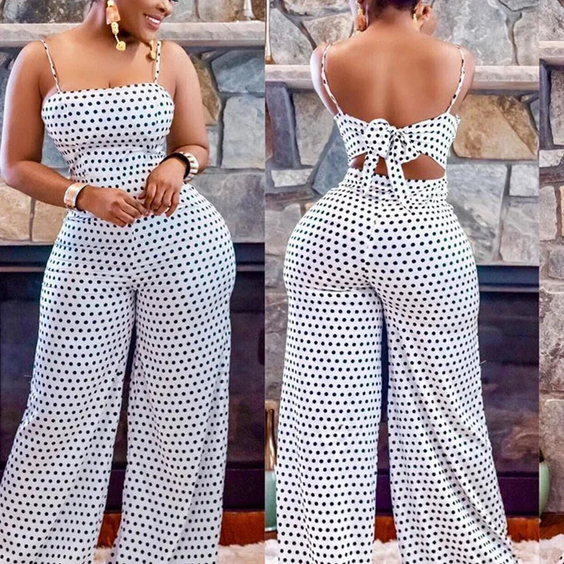 Polka Dot Square Neck Lace-Up Spaghetti Strap Backless Hollow-Out Wide Leg Jumpsuit