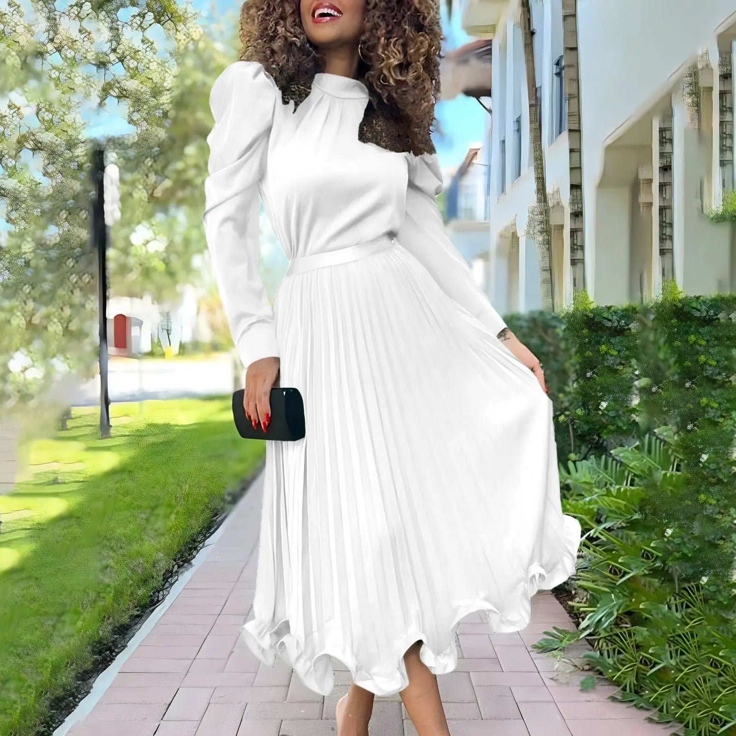 Solid Long Sleeve O-Neck Blouse + Pleated Maxi Skirt 2-Piece Set