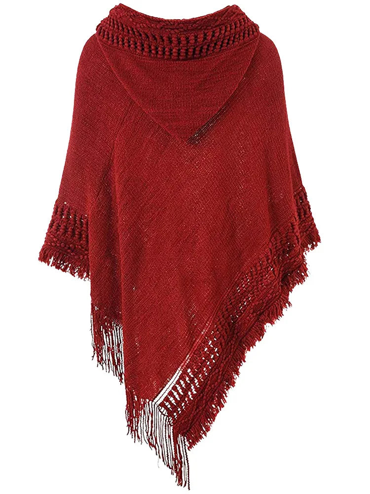 Fringe Tassel Women's Knitted Hooded Crochet Shawl Wrap Sweater