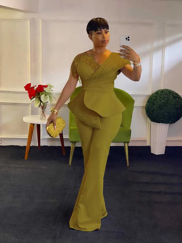 Strapless Rivet Feather Collar Design Sleeveless Women's Solid Color Formal Party Jumpsuit