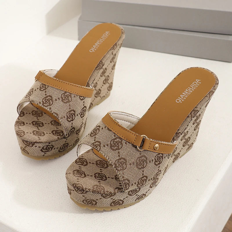 Monogram Replica Print Platform Mule Women's Open Toe Wedge Sandals