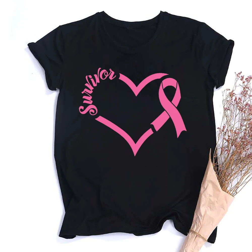 Heart Print Women's Pink Ribbon Breast Cancer Awareness T-Shirt