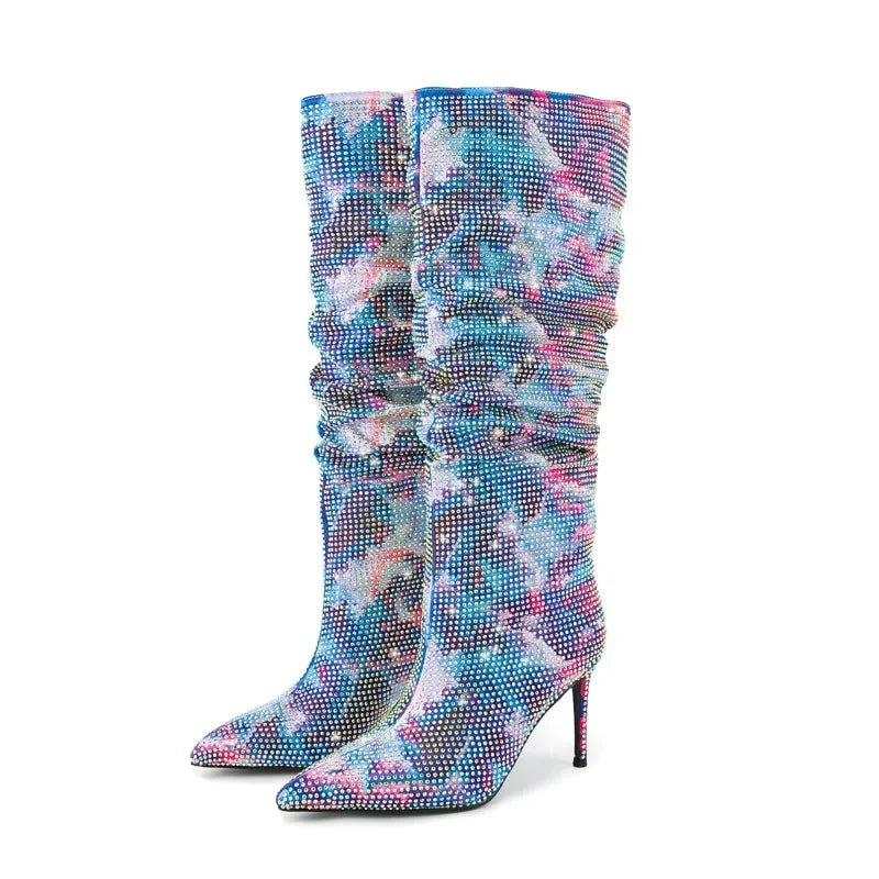 Gradient Rainbow Rhinestone Pleated Knee High Ruched Sleeve Boots