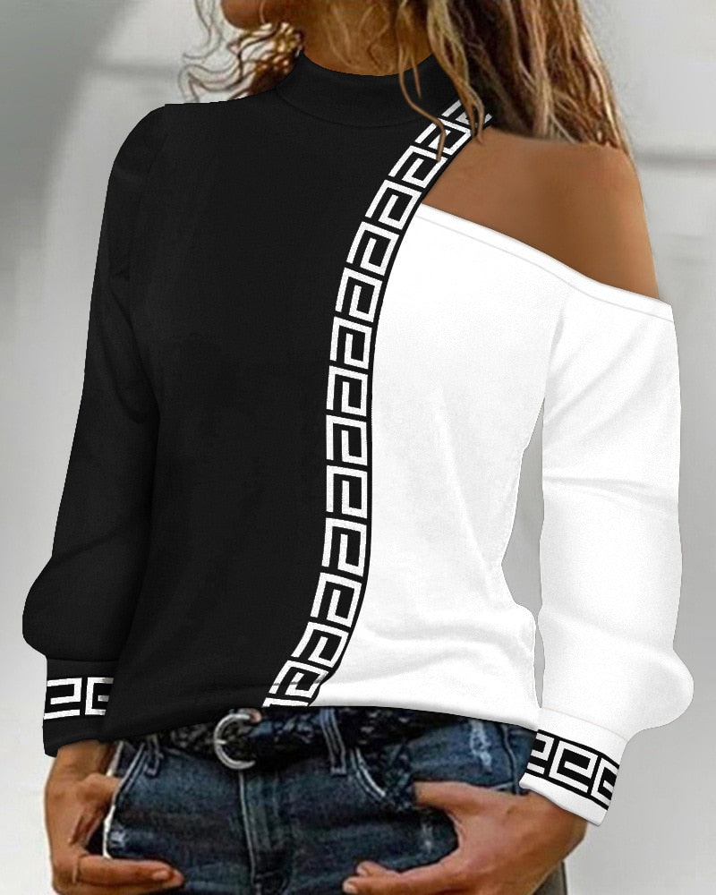 Colorblock Glitter/Geometric Long Sleeve Shoulder Top