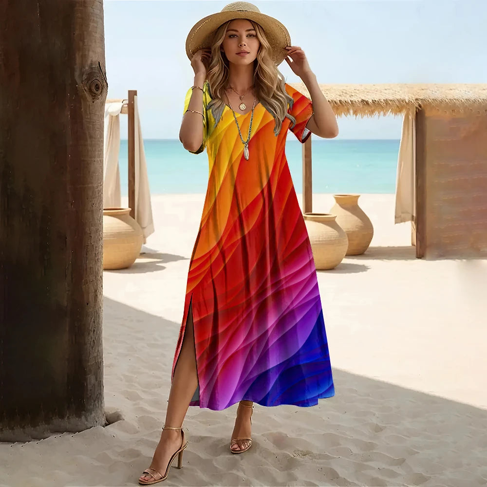 Striped Colorblock Rainbow Print V-Neck Short Sleeve High Slit Midi Sundress to 3X Plus Size