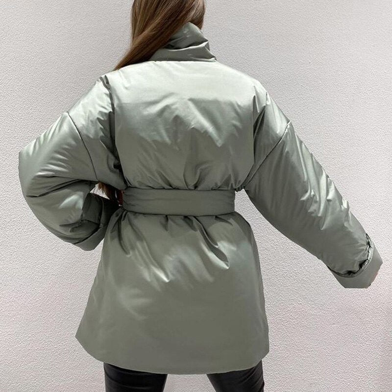 Solid Ladies Sash Belt Gathered Waisted Parka Jacket