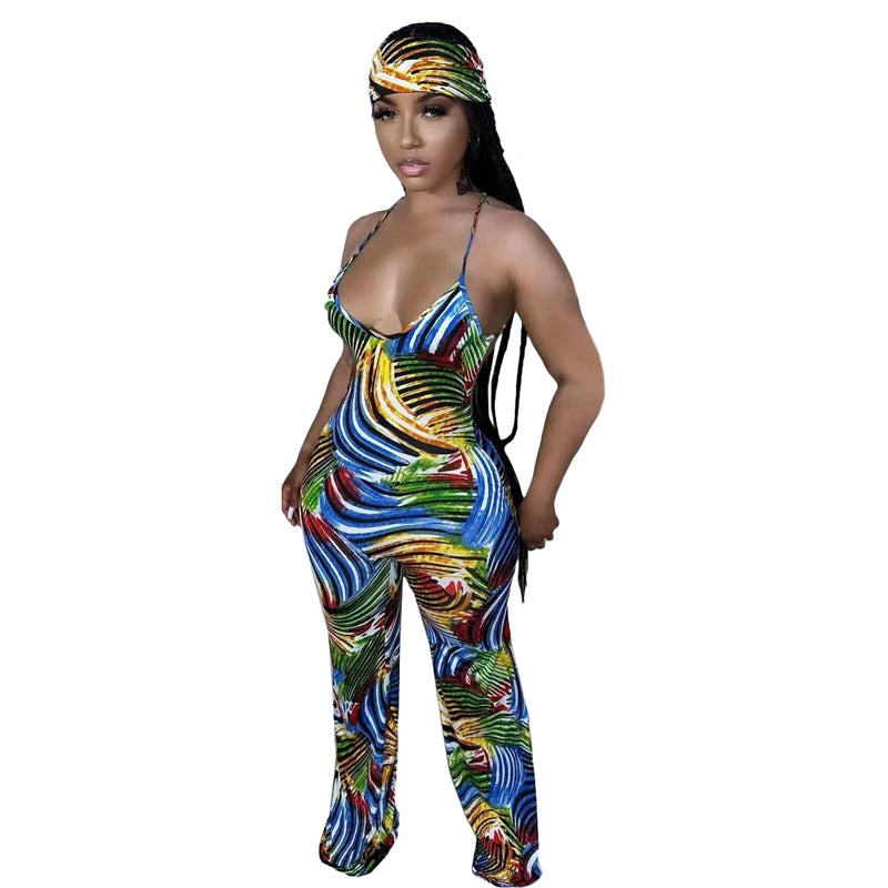 Rainbow Tropical Swirl Print Spaghetti Strap Backless Women's V-Neck Jumpsuit w/ Matching Headband