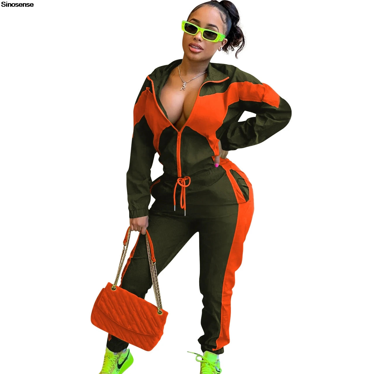 Women's Turn-Down Colorblock Zipper Jacket + Elastic Waist Sweatpants Tracksuit