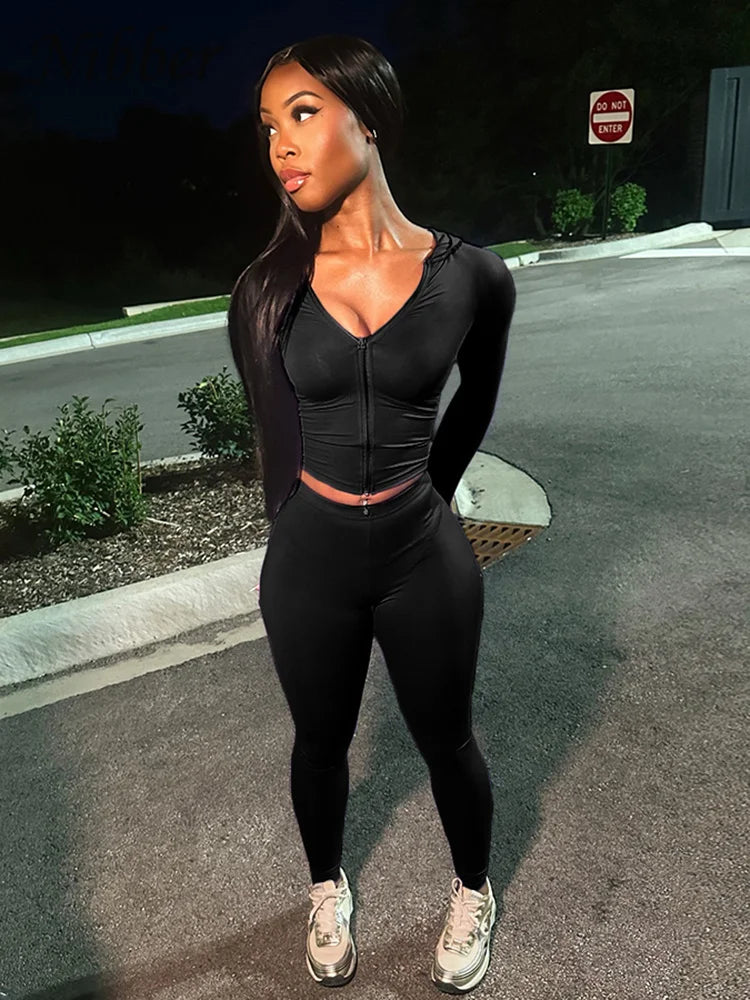 Bodycon Solid Color Women's Crop Zipper Fitness Hoodie Jacket + Workout Leggings Skin Tight Tracksuit