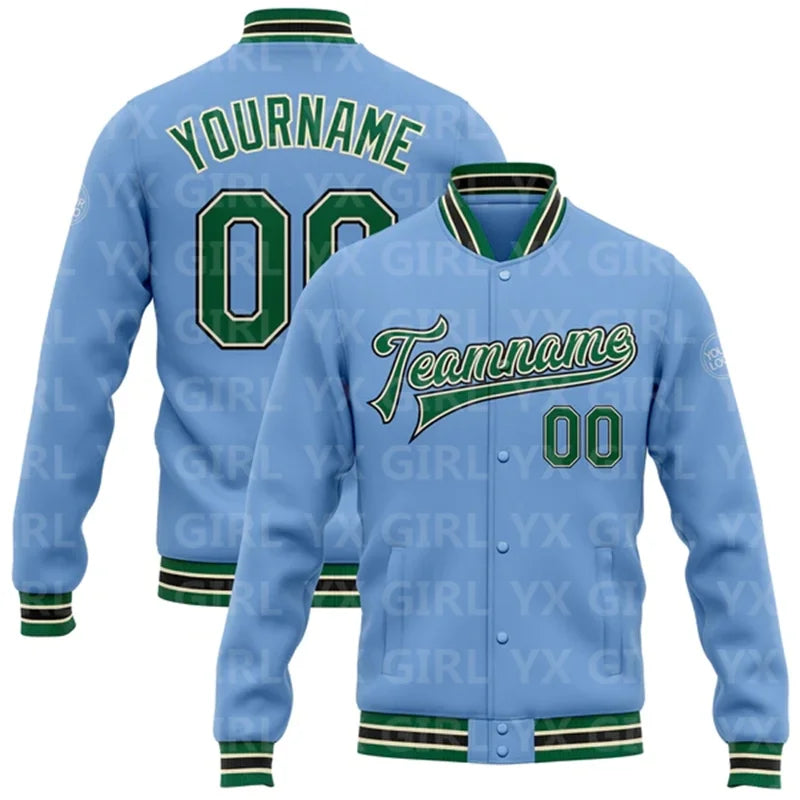 Customized Colorblock Personalized Light Blue w/ Pink/Black/Purple/Yellow 3D Letter Print Team Name Full-Snap Varsity Letterman Printed Baseball Button-Up Bomber Jacket