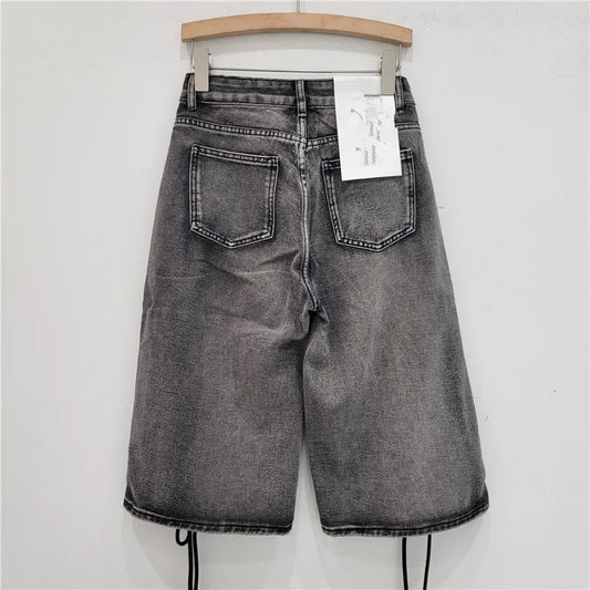 Denim Drawstring Women's Criss-Cross Pattern Lace-Up High Waist Wide Leg Cargo Jean Shorts