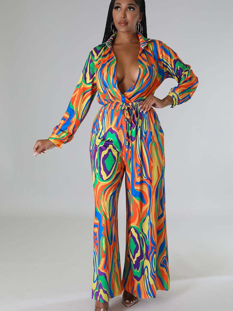 Multi-Colored Long Sleeve Printed Loose Wide Leg Jumpsuit