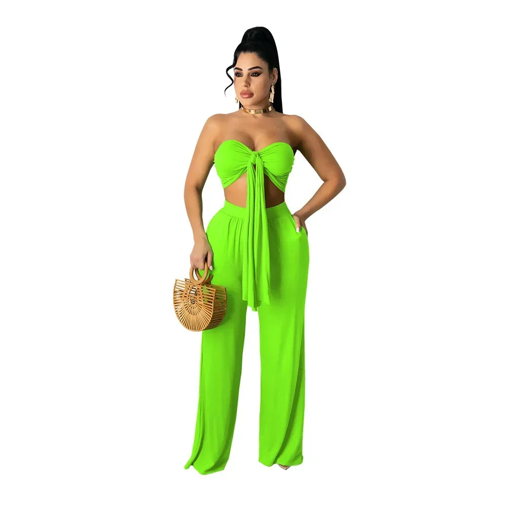 Strapless Hollow-Out  Hatler Neck Crop Top + Leggings Bodycon Solid Color Women's 2-Piece Set