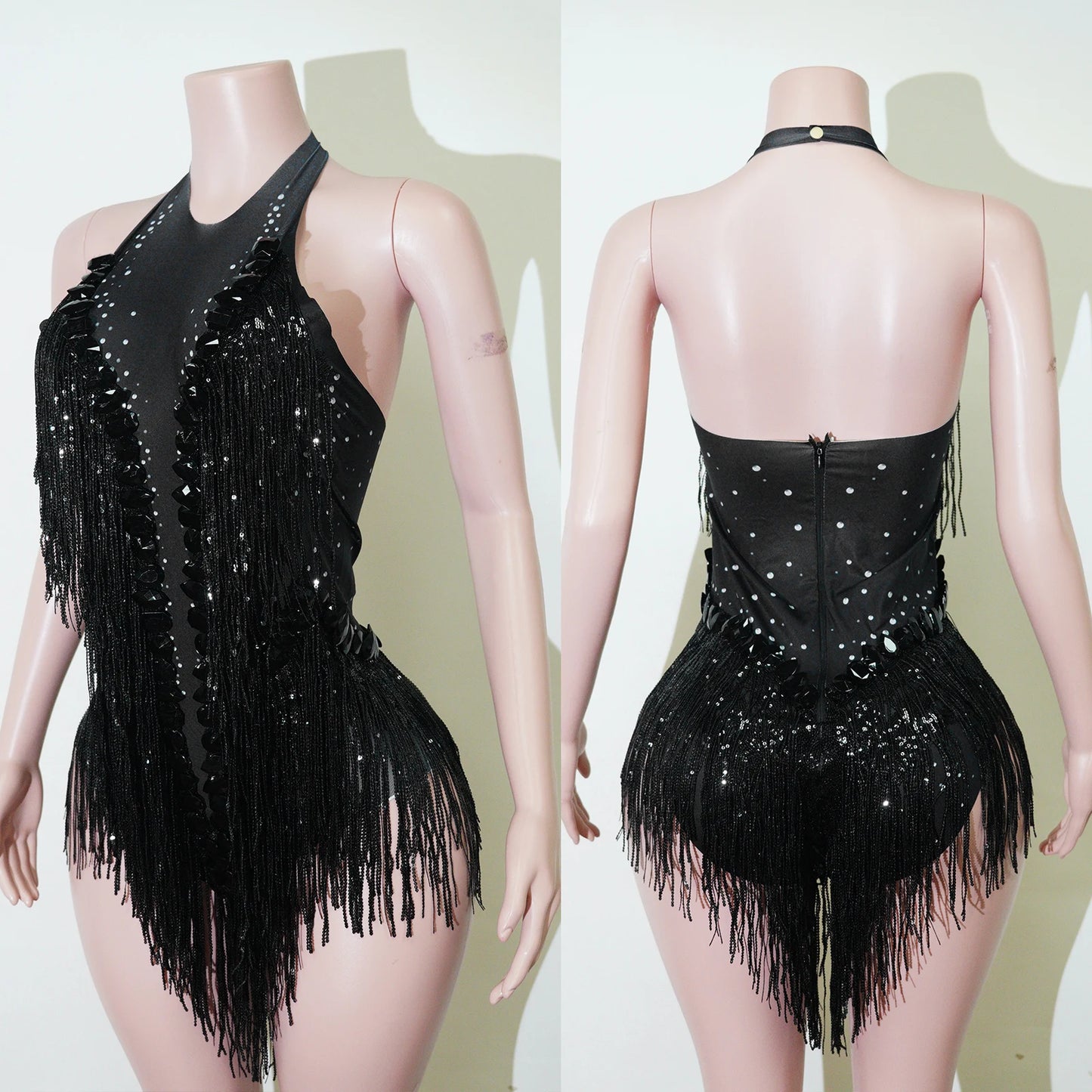 Tassel Fringe Design Sleeveless Zipper Back Sparkling Rhinestone Women's Formal Stage Dance Bodysuit