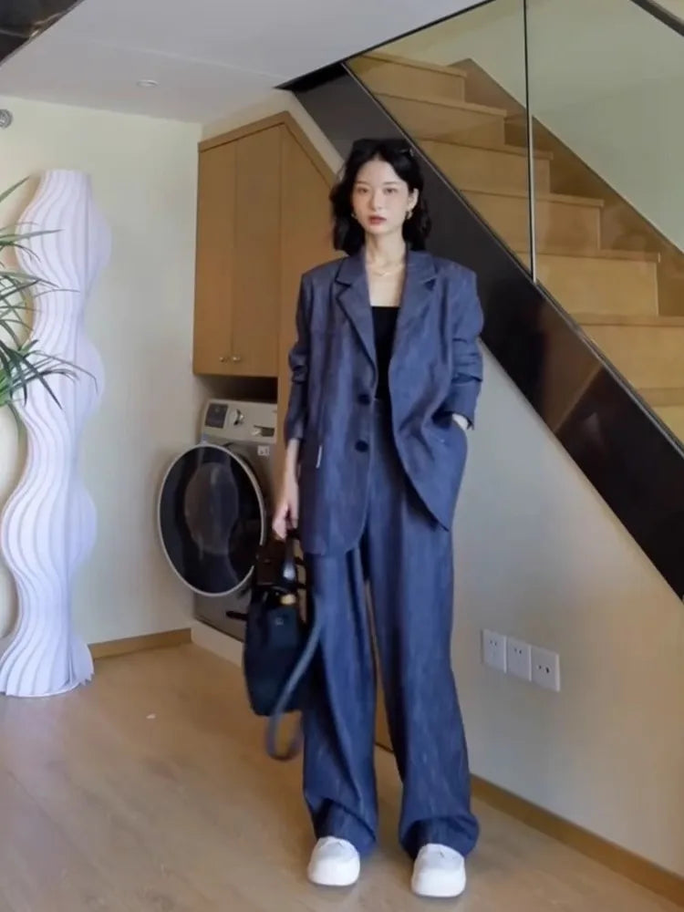 Dark Blue Demin Like Women's Blazer + Loose Pants Suit