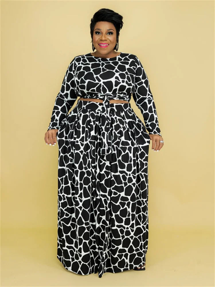 Geometric Print Women's Top Long Sleeve + Big Swing Maxi Skirt 2-Piece Set to 5X Plus Size