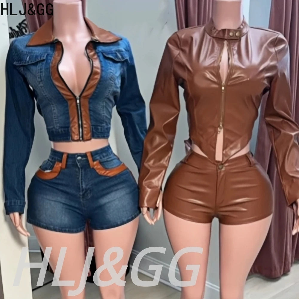 PU Leather Cropped Women's Zipper Biker Jacket + Mini Shorts 2-Piece Set