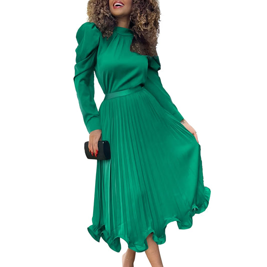 Solid Long Sleeve O-Neck Blouse + Pleated Maxi Skirt 2-Piece Set