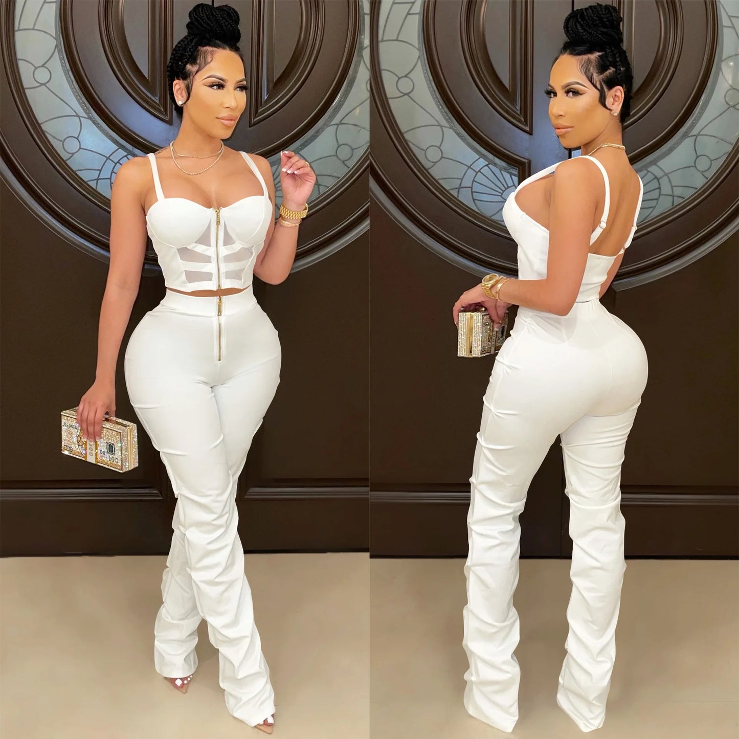 Corset Top Hollow-Out Zipper Front Cropped Tank Top + Stacked Zipper Front Pants Women's 2-Piece Set