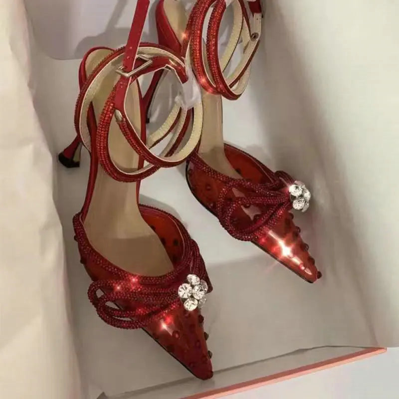 Crystal Butterfly Knot Ankle Strap Women's Pointed Toe Mule Slipper Sandal Pumps