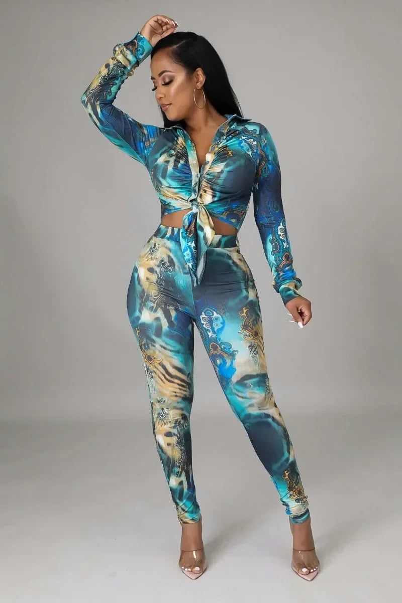 Blue Ocean Floral Print Women's Long Sleeve Blouse + Skin Tight Leggings 2-Piece Set