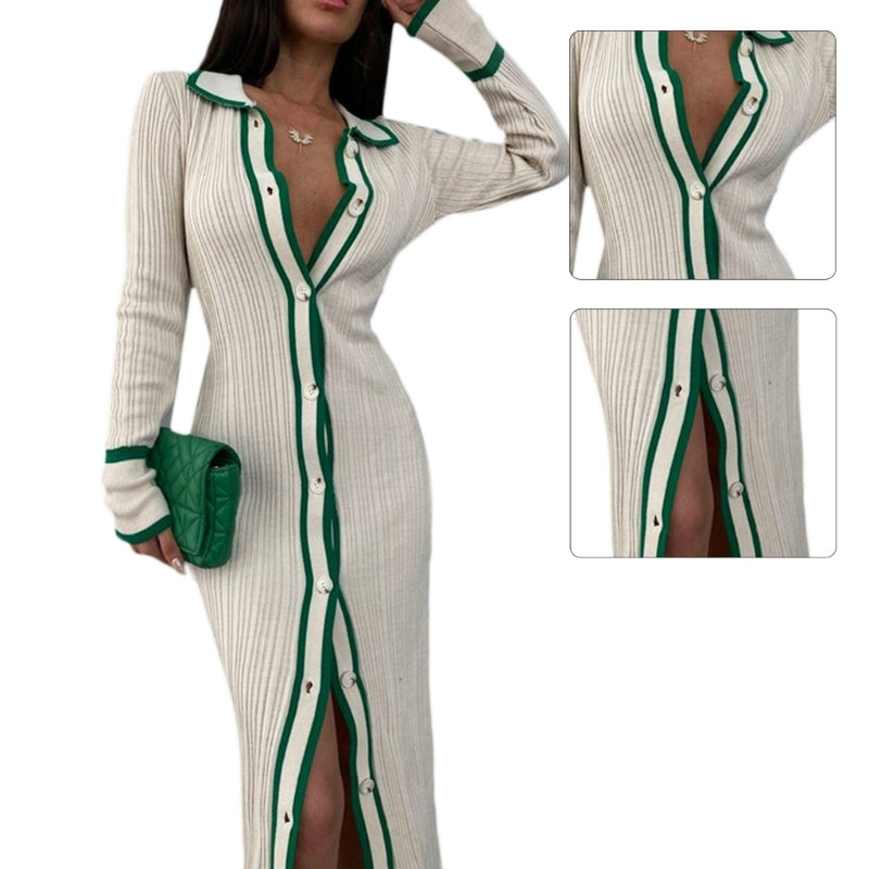 Striped Turn-Down Collar Long Sleeve Cardigan Maxi Bodycon V-Neck Button-Up Sweater Dress