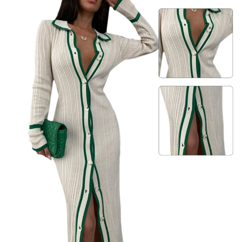 Striped Turn-Down Collar Long Sleeve Cardigan Maxi Bodycon V-Neck Button-Up Sweater Dress